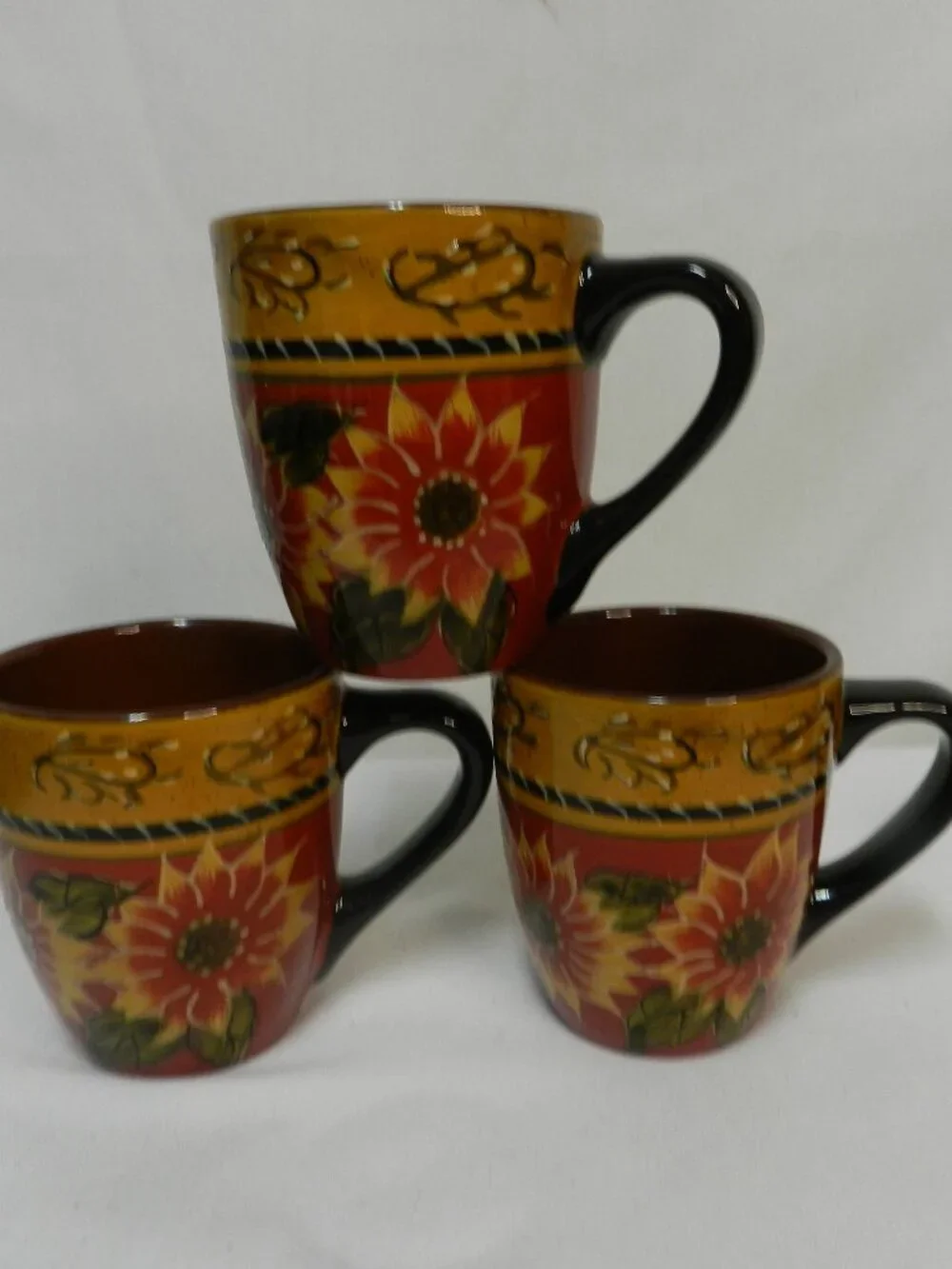 Pier 1 One Sunflower Hand painted Terracotta Mug Cup Set 3 floral Vintage